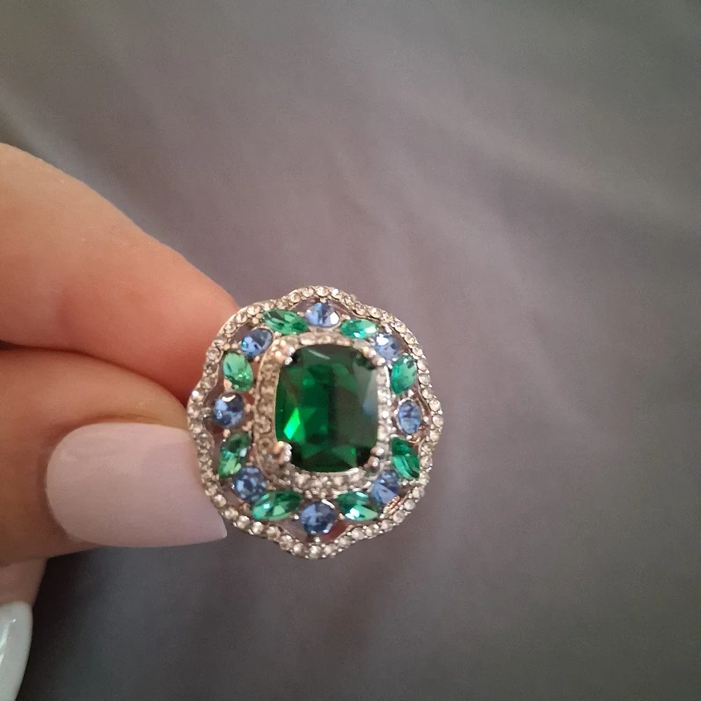 Vintage- Inspired Emerald Green And Blue Statement Ring Size 8/ Gift Ready